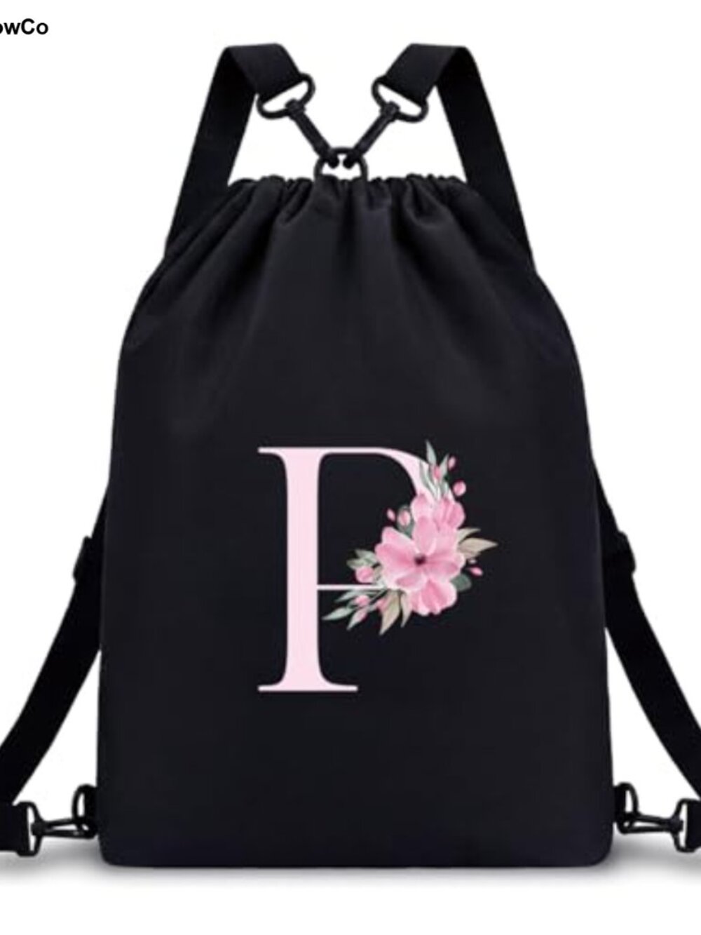 Initial Floral Drawstring Backpack Gym Swim Bag Water Resistant Nylon